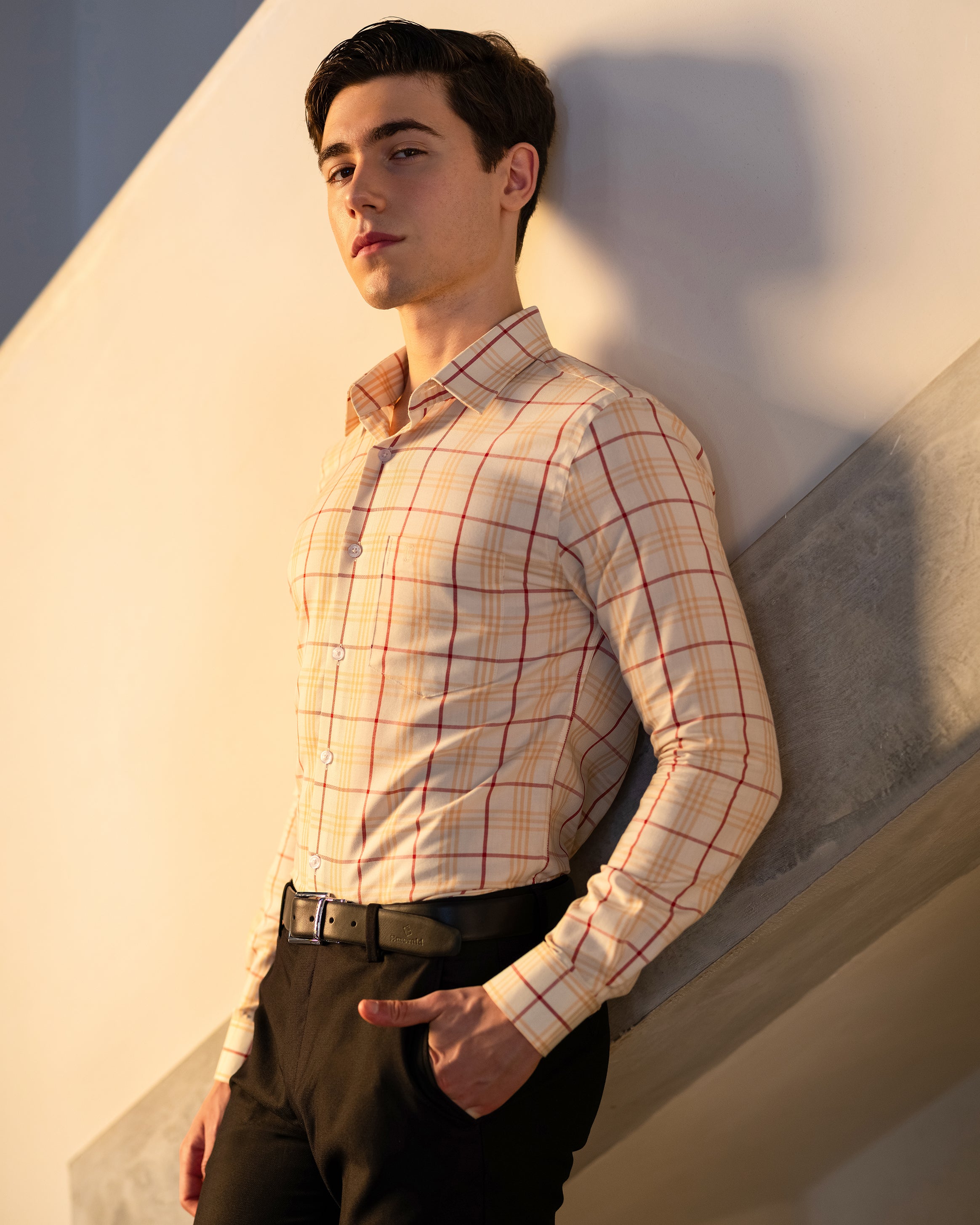 Emerald Corporate Checks Slim Fit-Vanilla