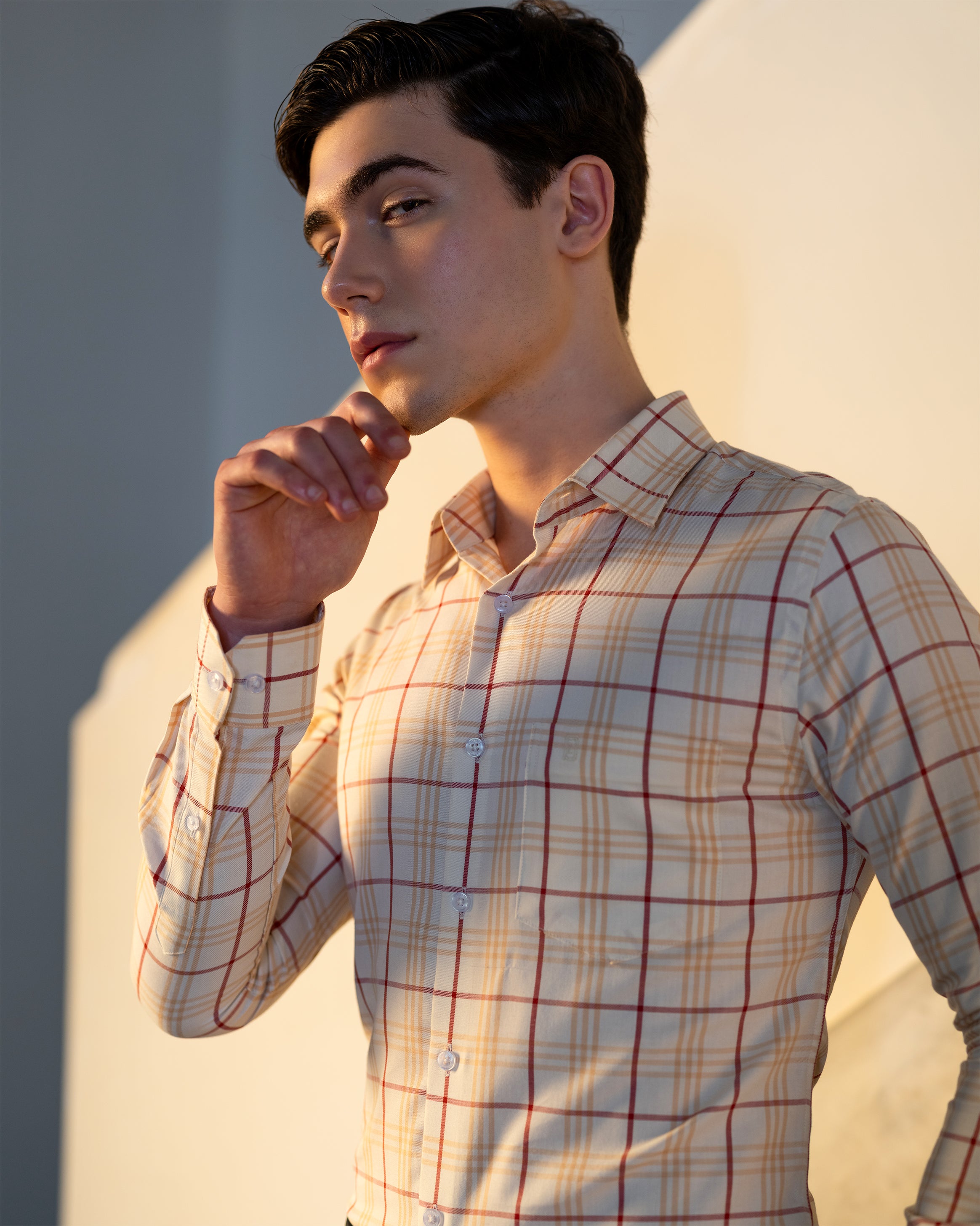 Emerald Corporate Checks Slim Fit-Vanilla