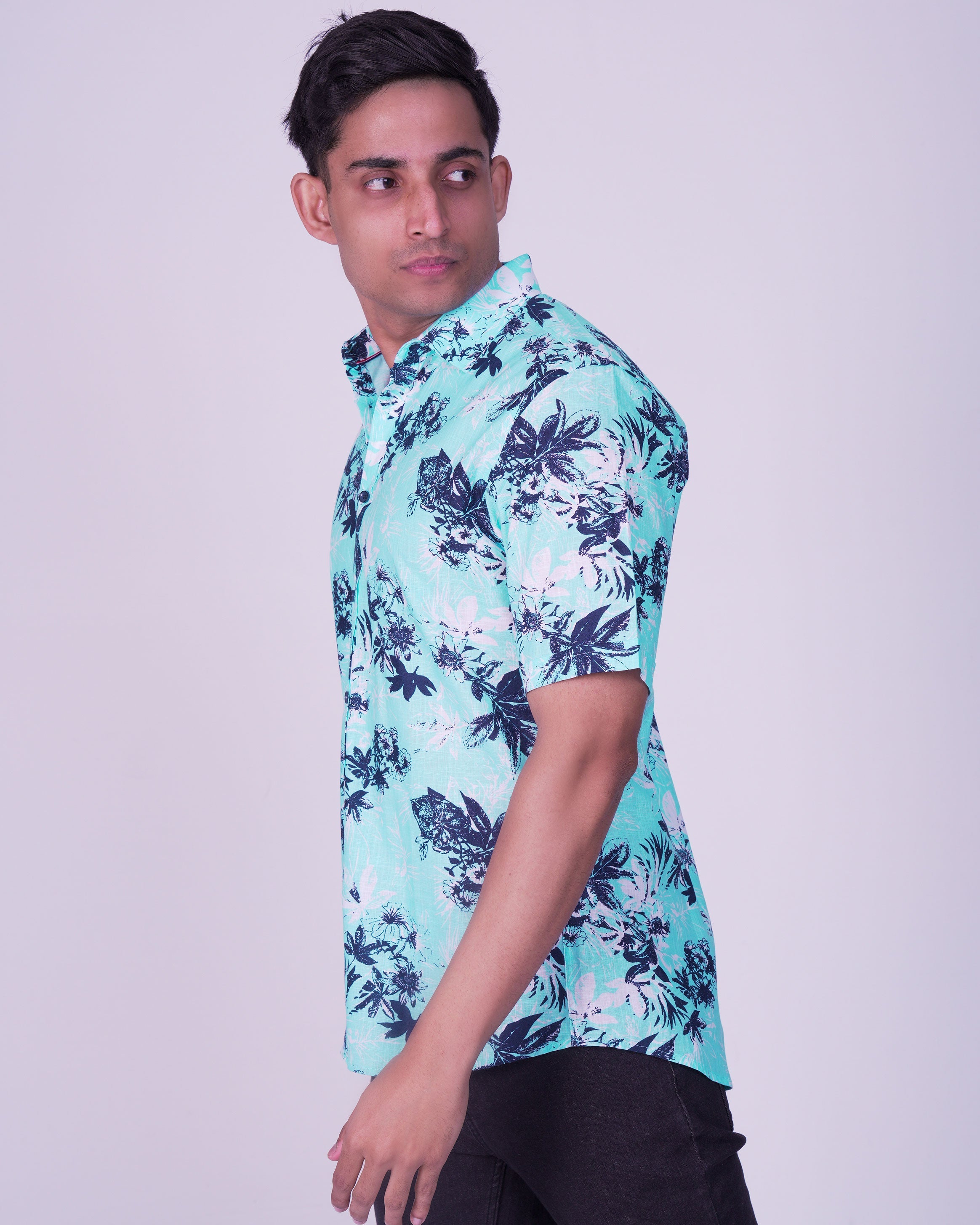 Emerald Casual Printed Slim Fit-Peacock Blue