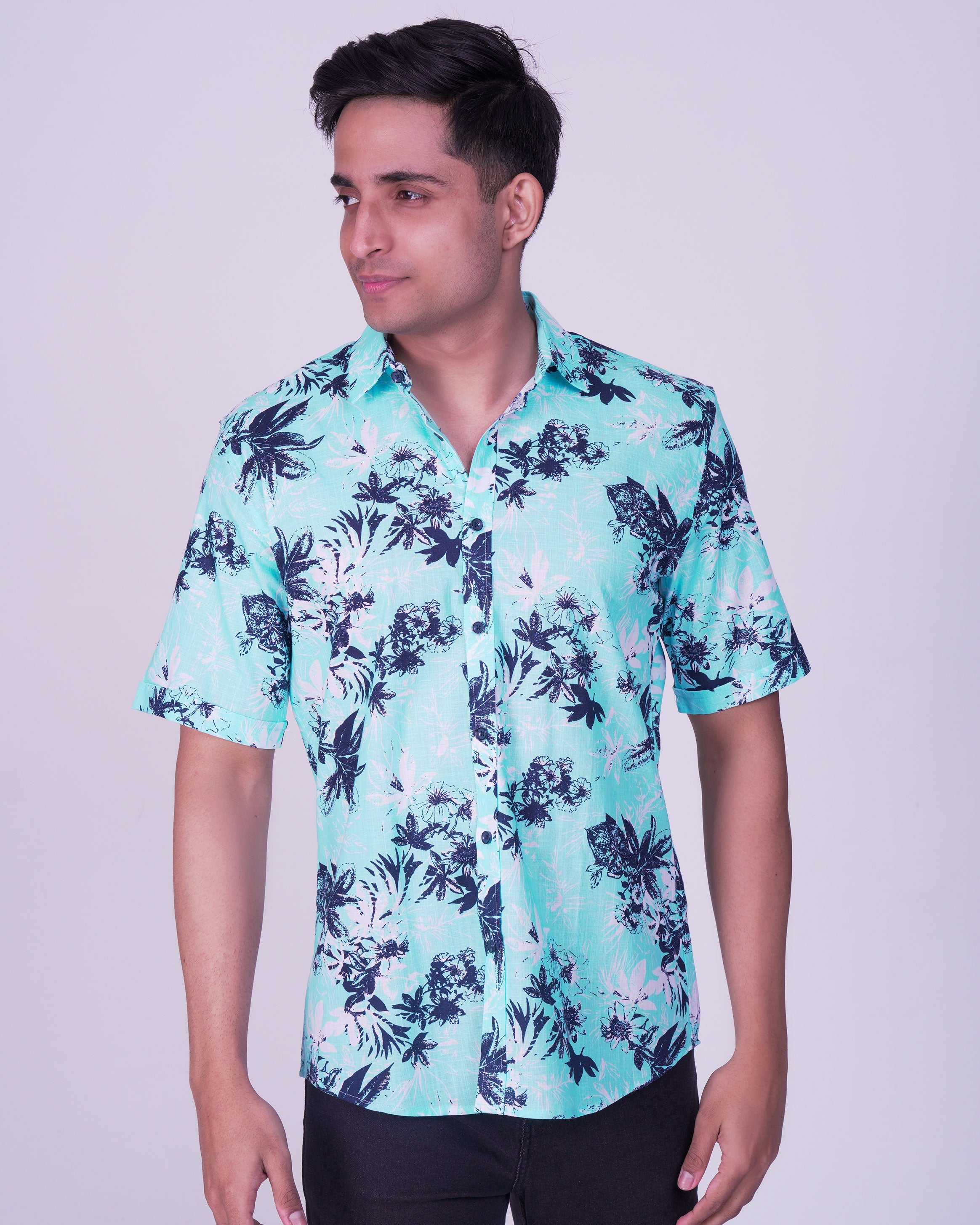Emerald Casual Printed Slim Fit-Peacock Blue
