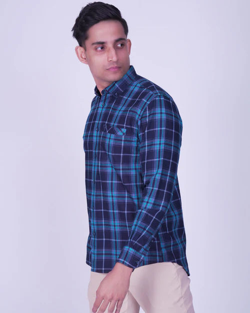 Emerald Active Checks Regular Fit-Enamel Blue