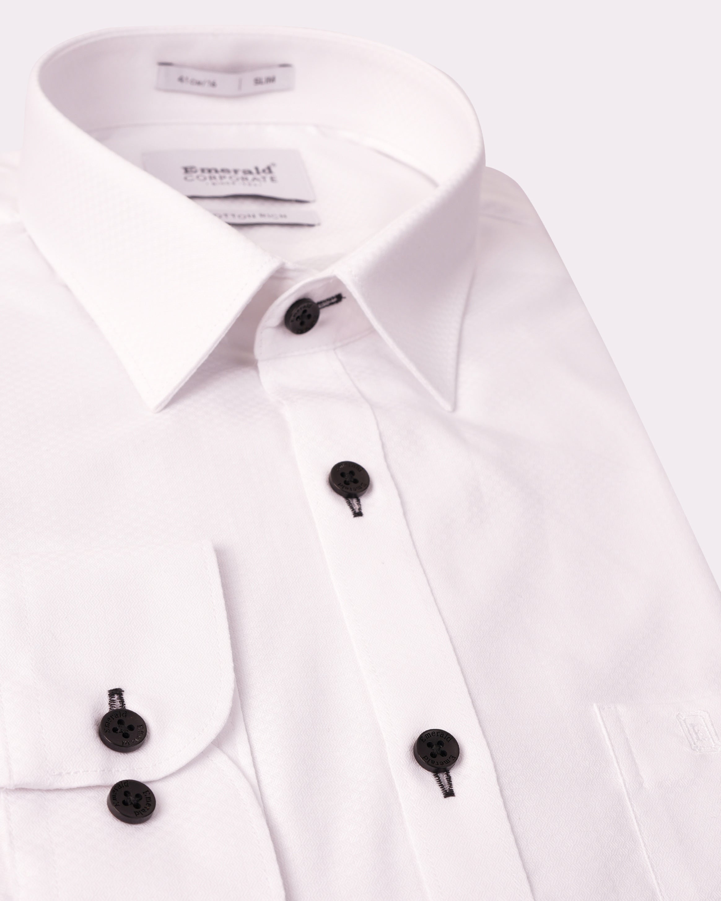 Emerald Corporate Dobby Slim Black Button Slim Fit-White Asparagus