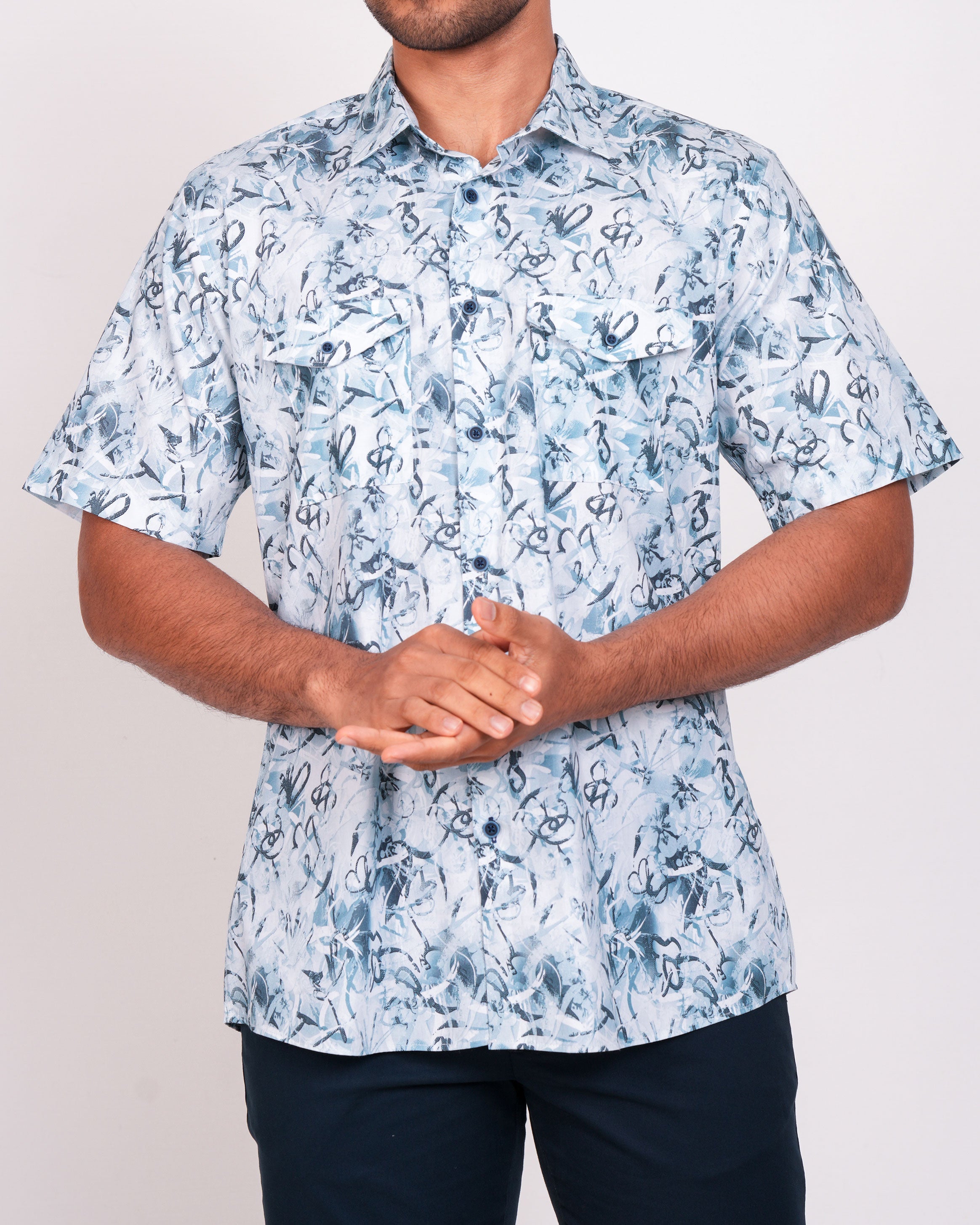 Emerald Casual Printed Slim Fit-Aegean Blue