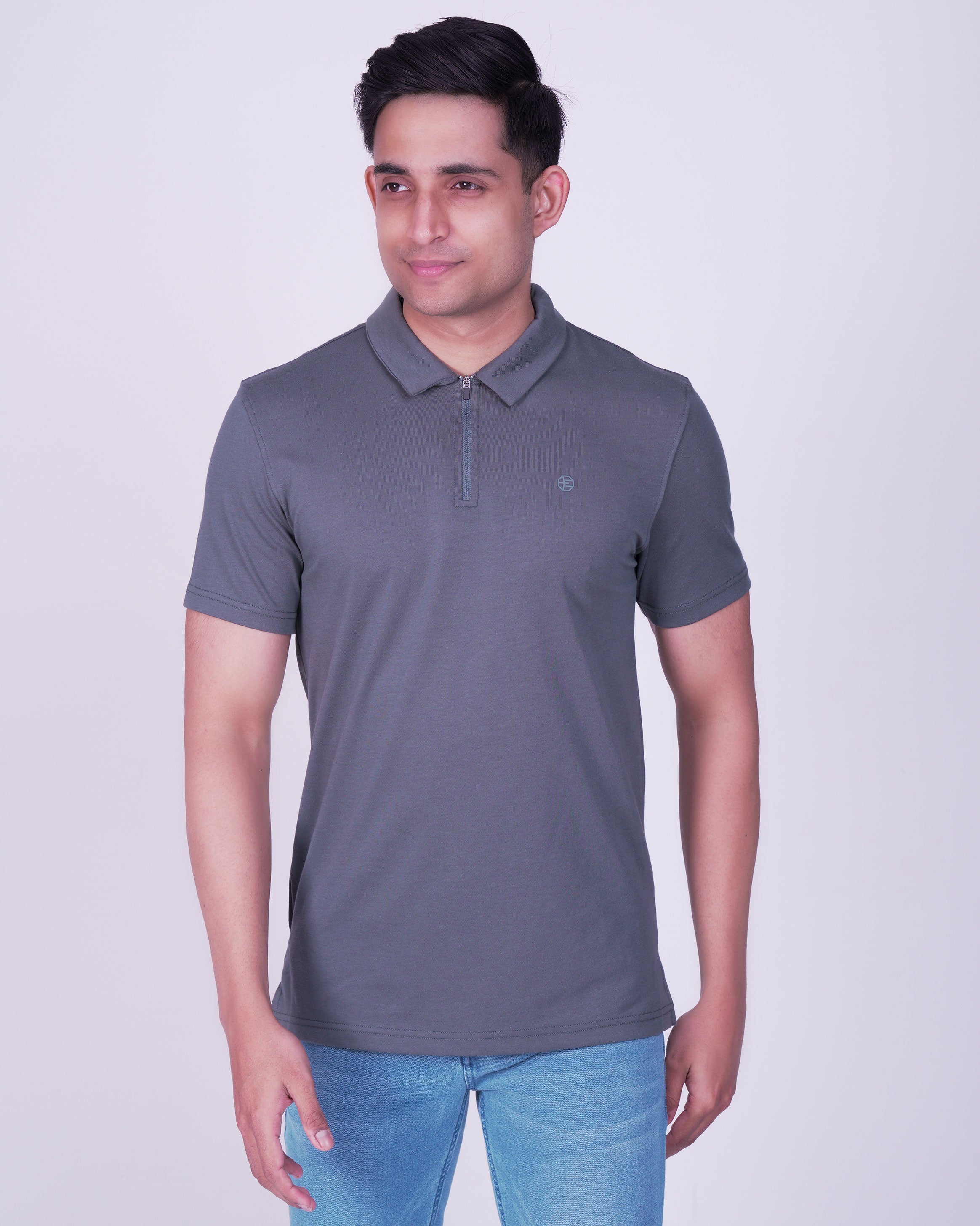 Emerald Zipper Polo Plain Slim Fit-Cloud Burst