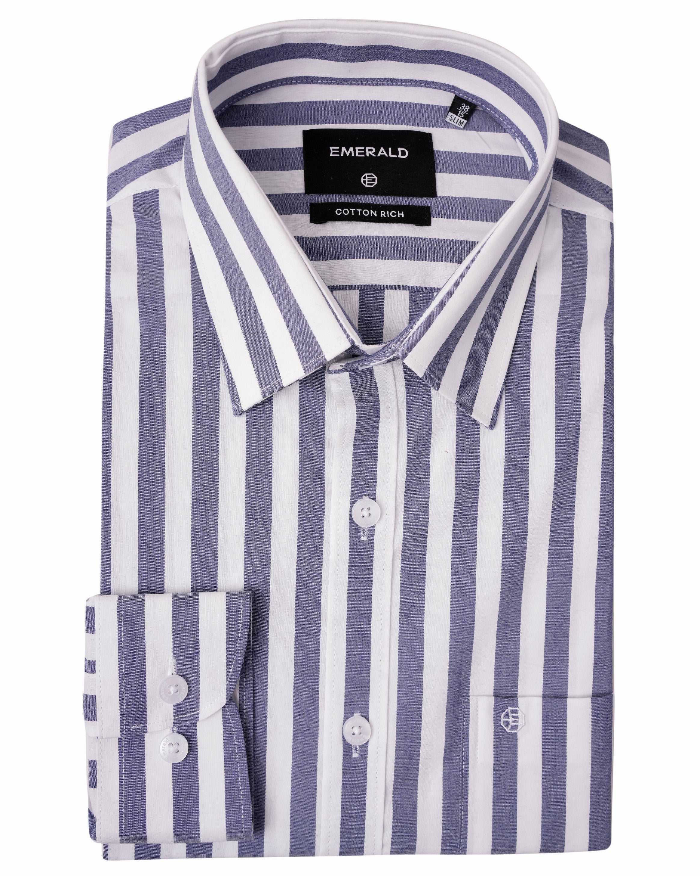 Emerald Formal White Ground Stripe Slim Fit - Estate Blue