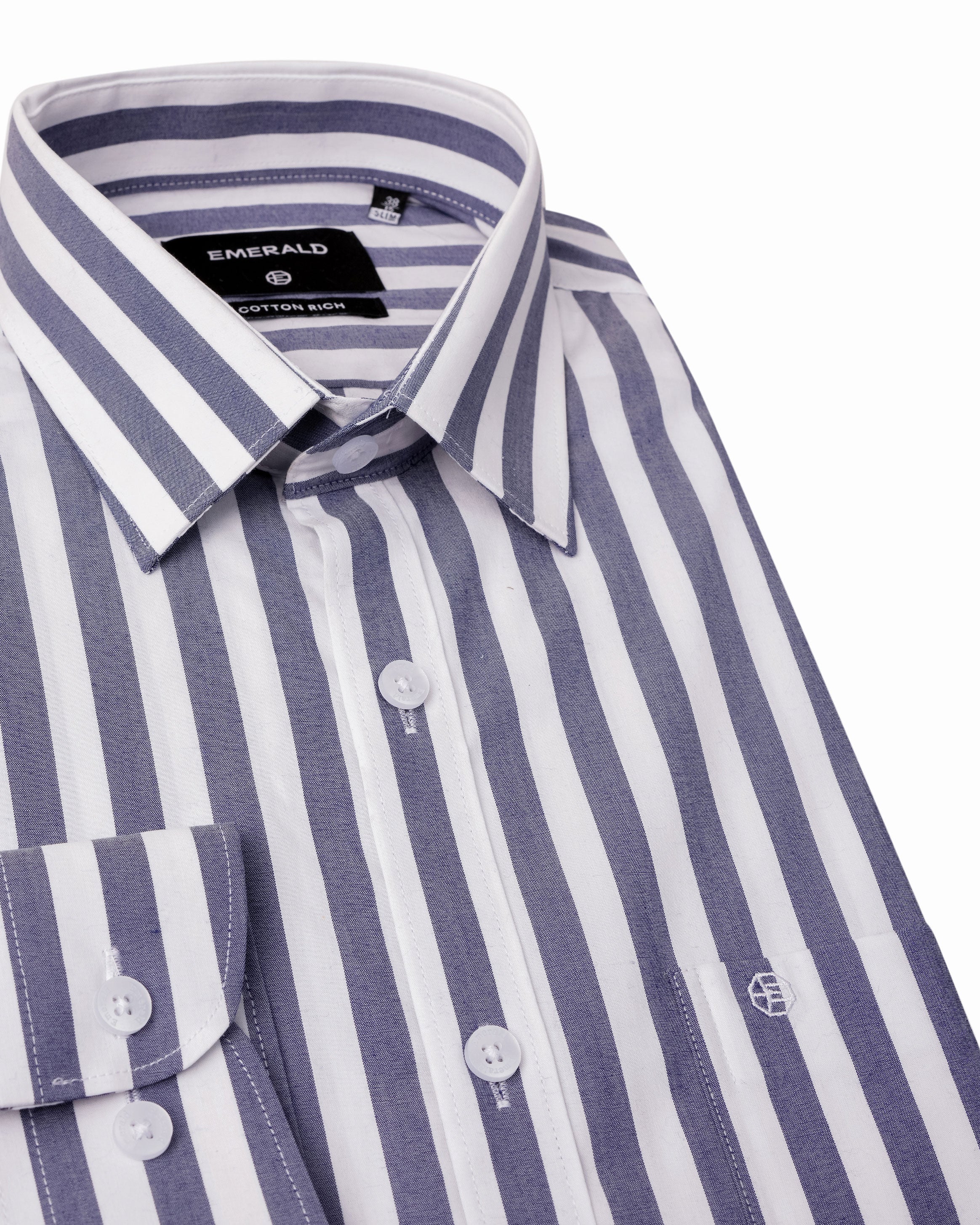 Emerald Formal White Ground Stripe Slim Fit - Estate Blue