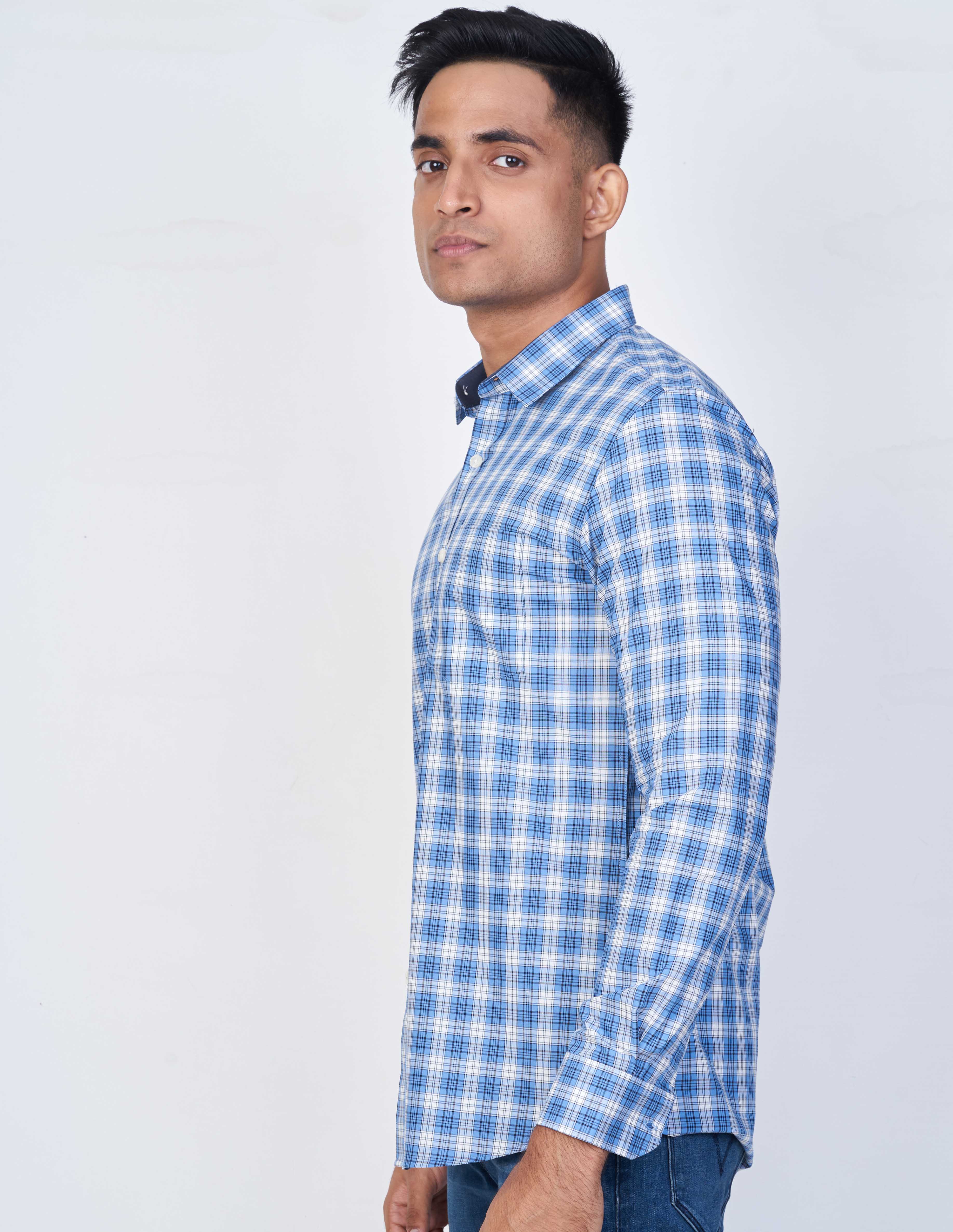Emerald Active Checks Slim Fit-Blue Yonder