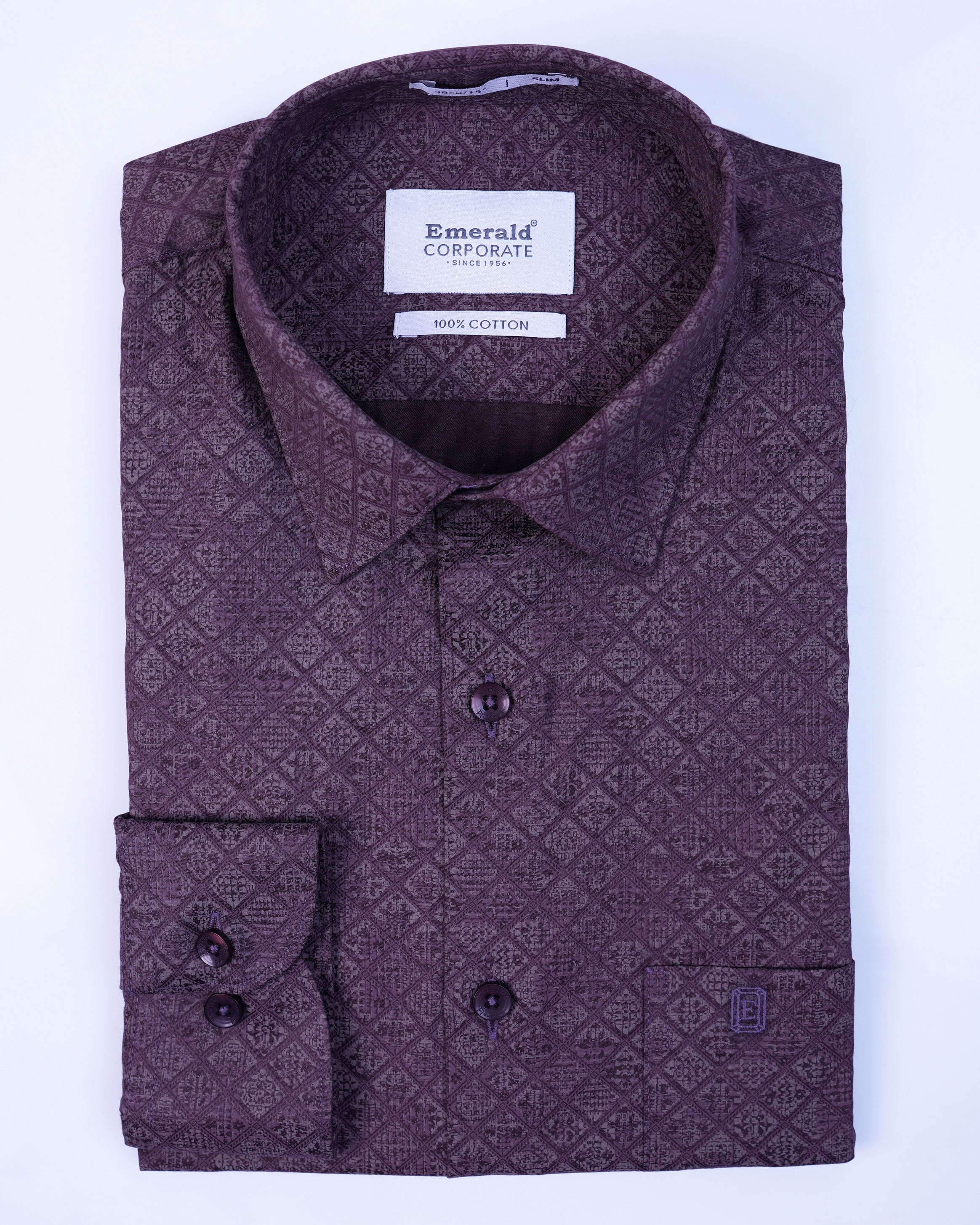 Emerald Corporate Printed Slim Fit-Brown Port