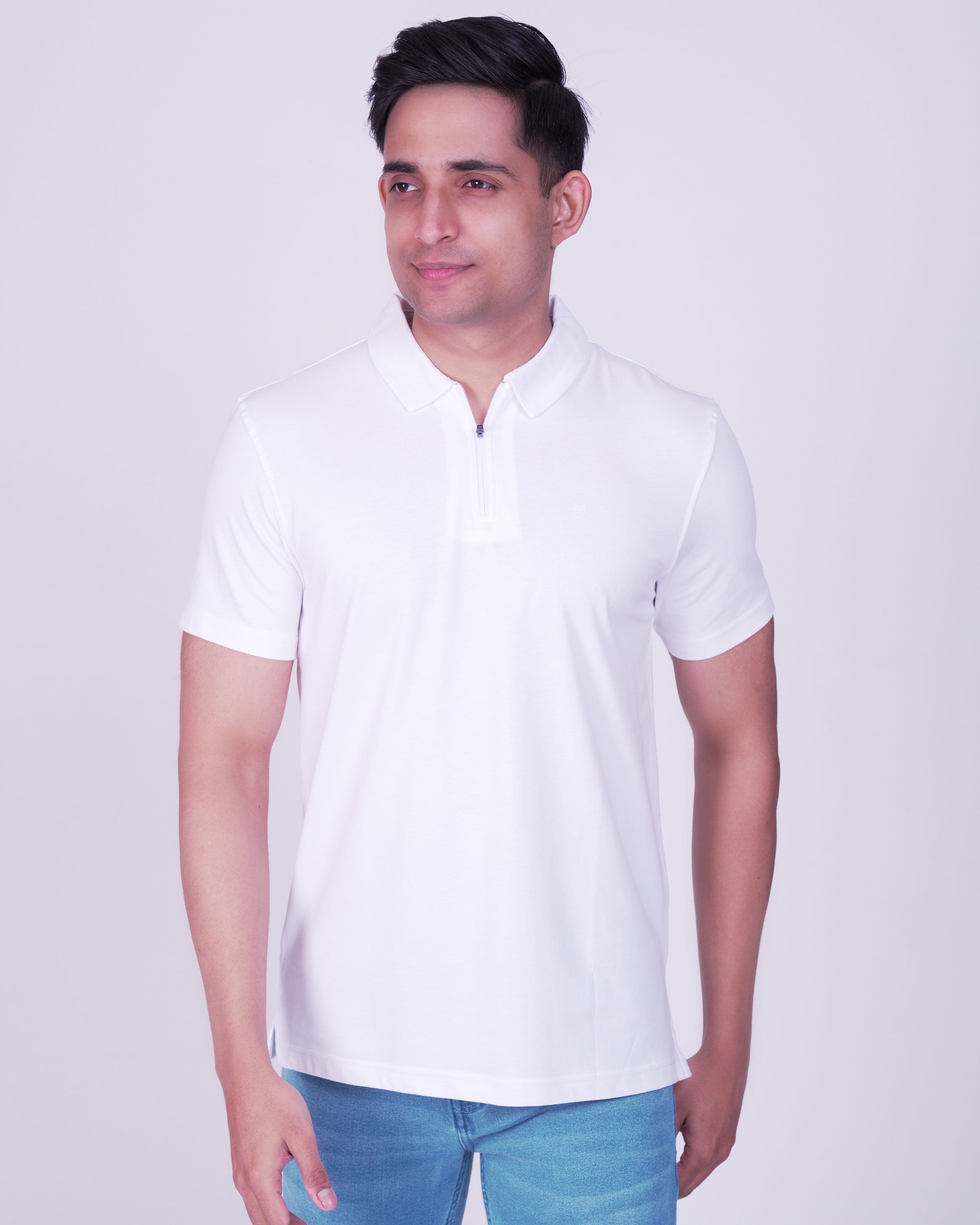 Emerald Zipper Polo Plain Slim Fit-Snow White