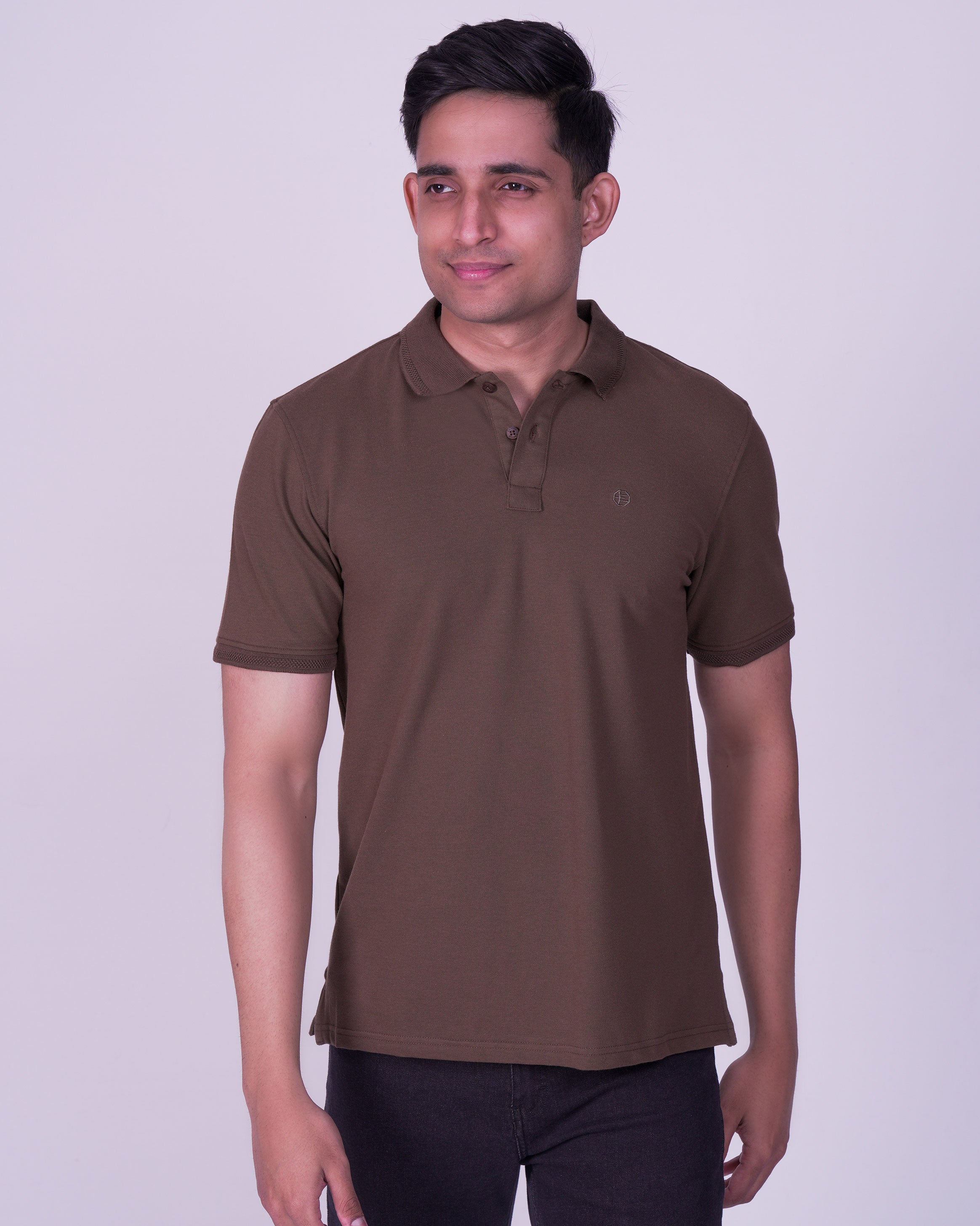 Emerald Polo Pique Solid Slim Fit-Tobacco Brown