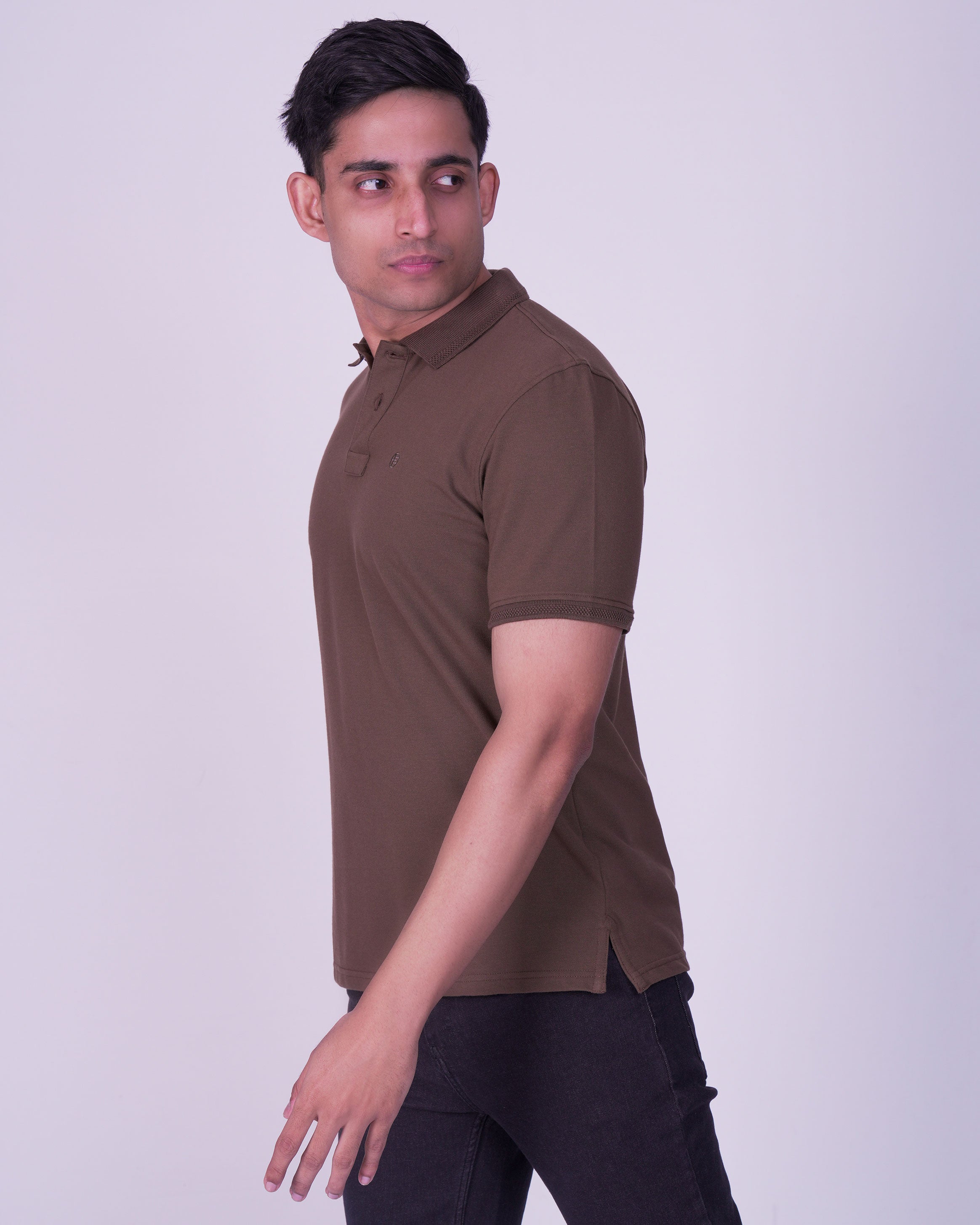 Emerald Polo Pique Solid Slim Fit-Tobacco Brown